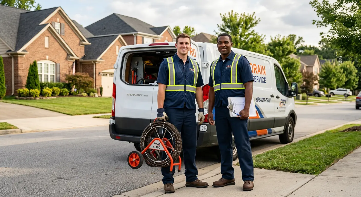 Sewer and drain service team with equipment ready for work in North Kensington