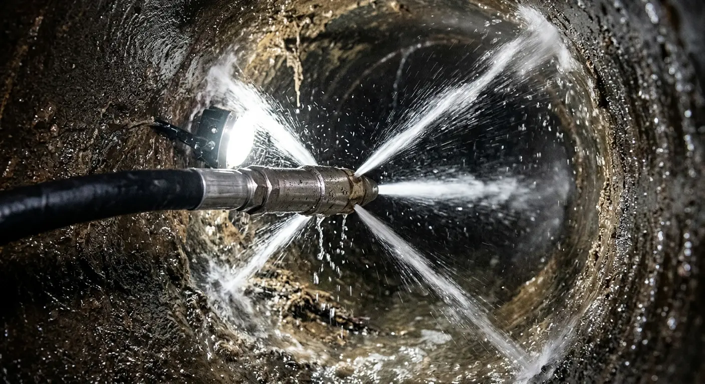 High-pressure hydro jetting nozzle cleaning sewer pipe for Trenchless Sewer Repair in North Kensington