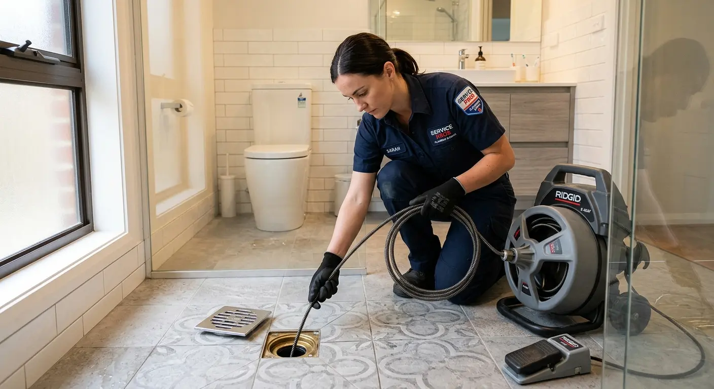 Technician clearing a bathroom floor drain for Sewer Line Replacement in North Kensington